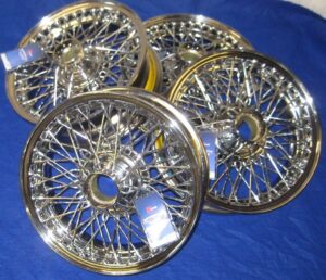 WWC457X4 SET OF FOUR MGC 15" X 5.5J TUBELESS CHROME MGC WIRE WHEELS 72 SPOKE