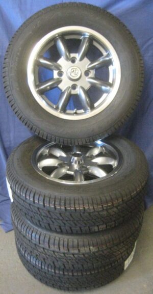 14AG165 SET OF 4 MGB 5.5 X 14'' ALLOY WHEELS & 165 x 80 x 14 TYRES ANTHRACITE GREY WITH POLISHED RIM