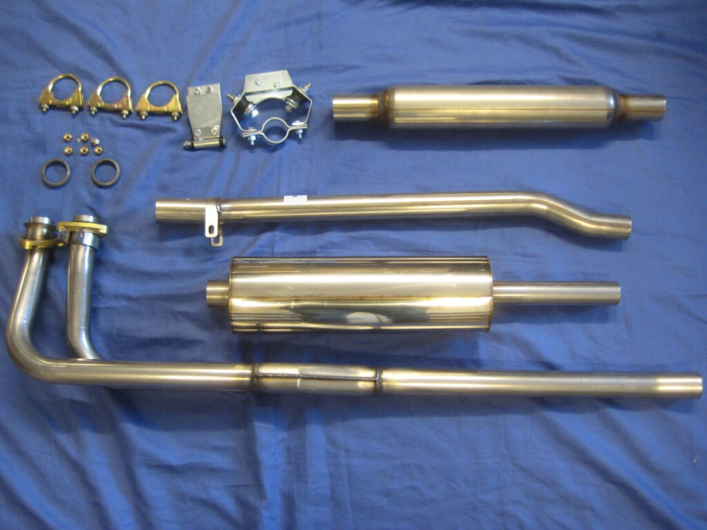 MG-110KCB MGB S/S BOMB BOX EXHAUST SYSTEM 4 PIECE & FITTING KIT 1970-74 CHROME BUMPER
