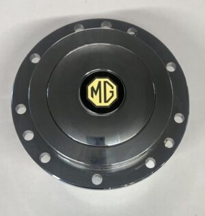 LUXBOS MGB & MIDGET CHROME STEERING WHEEL BOS 6 OR 9 HOLES CHROME & CHROME PUSH WITH ENAMEL BADGE